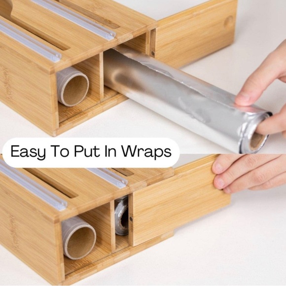 🆕Foil & Plastic Wrap Dispenser W/ Cutter Bamboo Drawer Organizer 12" Rolls - Picture 3 of 8